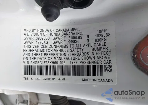 2019 Honda Civic Ex from USA, damaged, VIN 2HGFC1F36KH651013